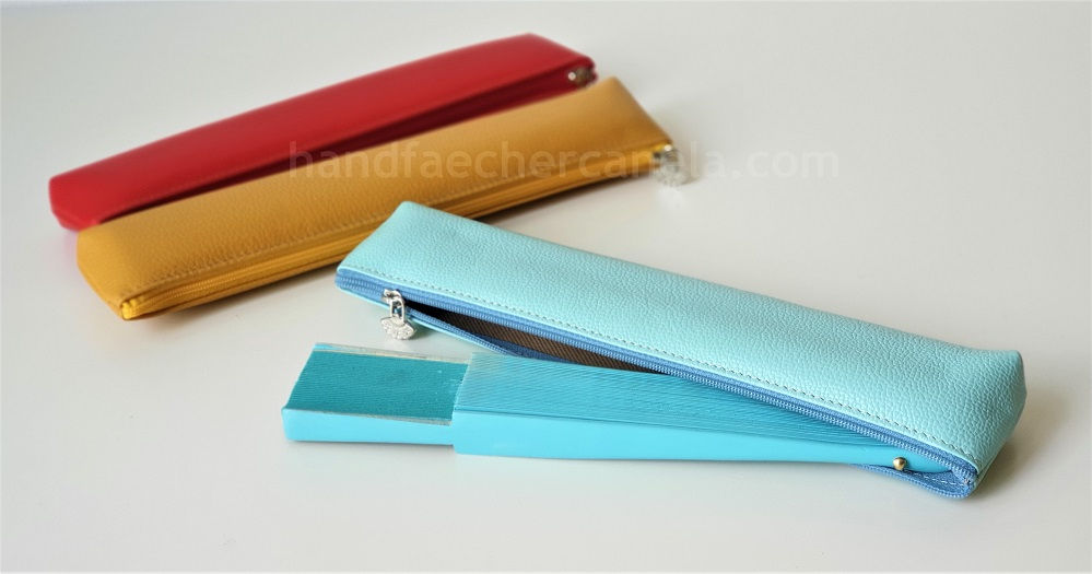 Fächeretui mit Reißverschluss aus Leder für 23 cm langen Handfächer. Unterschiedliche Farben