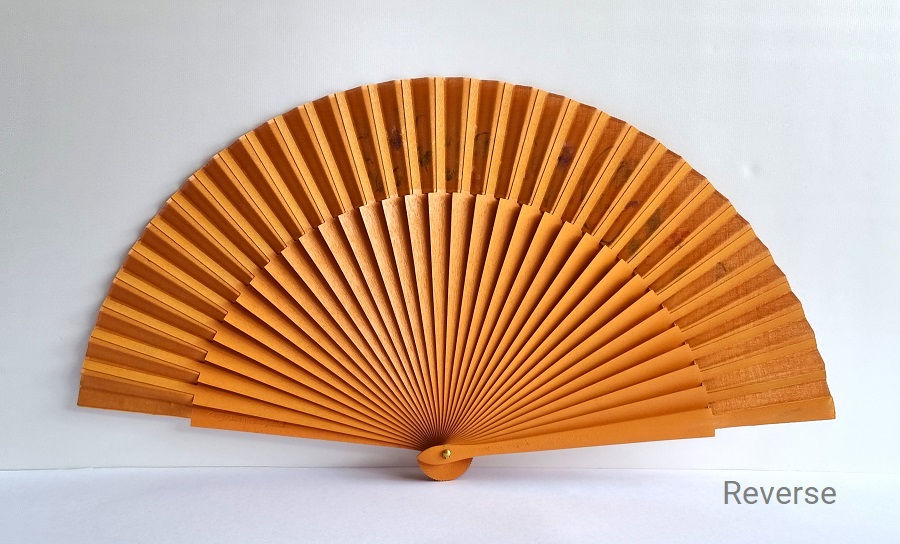 Miniatura: Spanischer Handfächer PRIMAVERA aus lackiertem Holz, Hellbraun, handbemalt mit Blumen. Rückseite