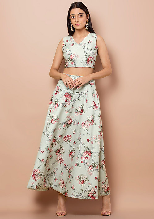 Pastel Blue Floral V-Neck Crop Top and