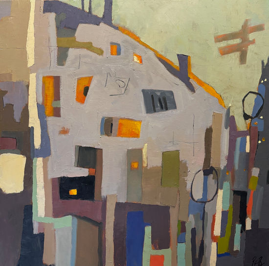 Abstracted architecture in oils using soft blues, greys and touches of orange.
