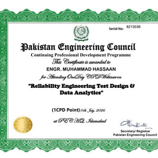 Reliability Engineering Test Design and Data Analytics Certificate - PEC Webinar - Muhammad Hassaan