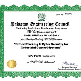 Ethical Hacking and Cyber Security for Industrial Control Systems Certificate - Pakistan Engineering Council (PEC) - Muhammad Hassaan