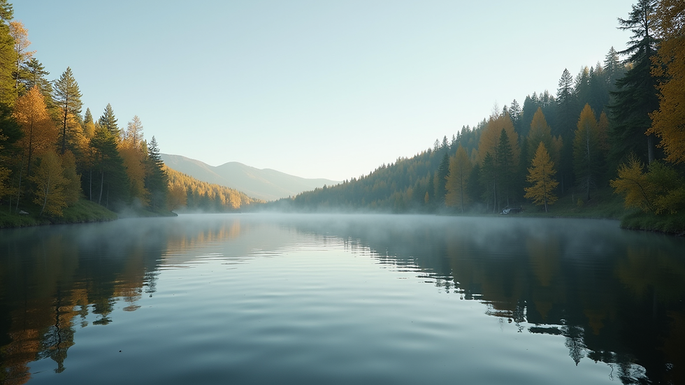 Eye-level view of a serene nature scene with a calm lake and surrounding trees