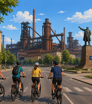 nowa huta steel works with group of cyclists and a statue of lenin