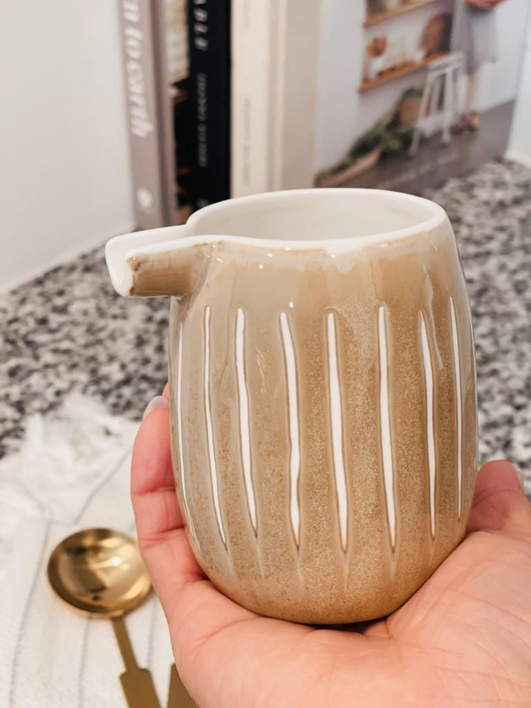 Thumbnail: Creamer and sugar jar with wooden spoon, set of 3