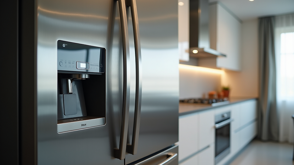 Eye-level view of a stainless steel high-end refrigerator in a modern kitchen