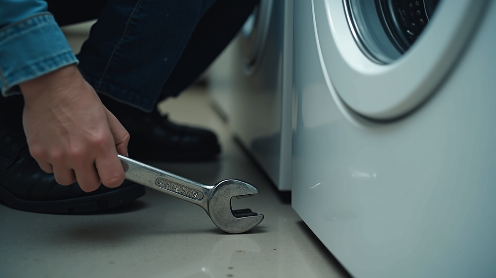 Close-up view of washing machine feet being adjusted with a wrench