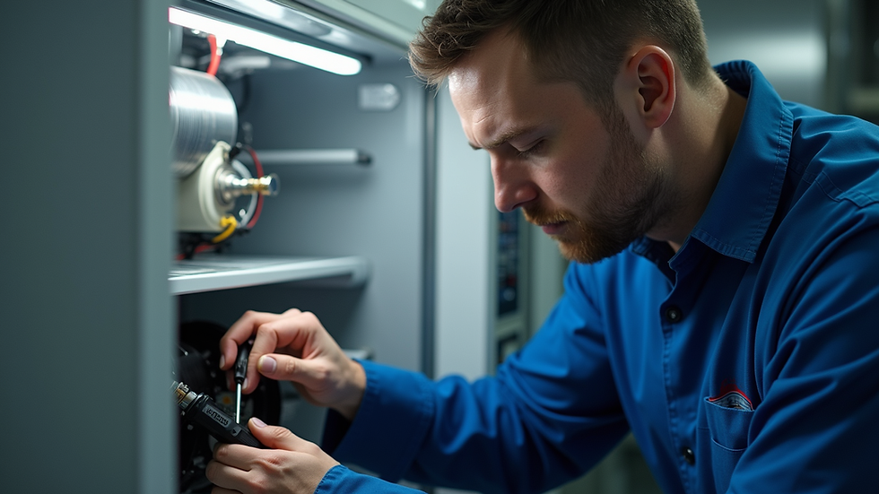 Close-up view of a professional technician repairing a refrigerator compressor