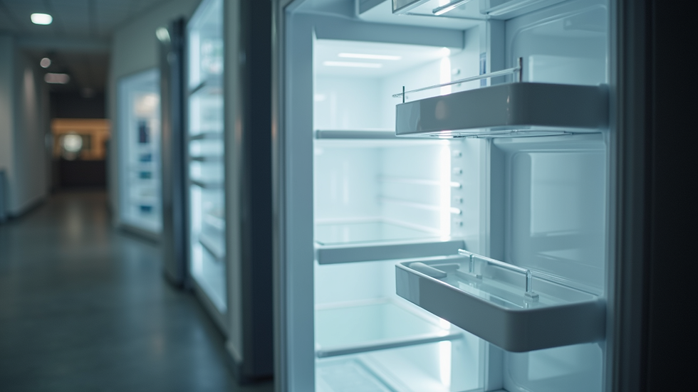 Eye-level view of LG refrigerator with open door showing interior shelves