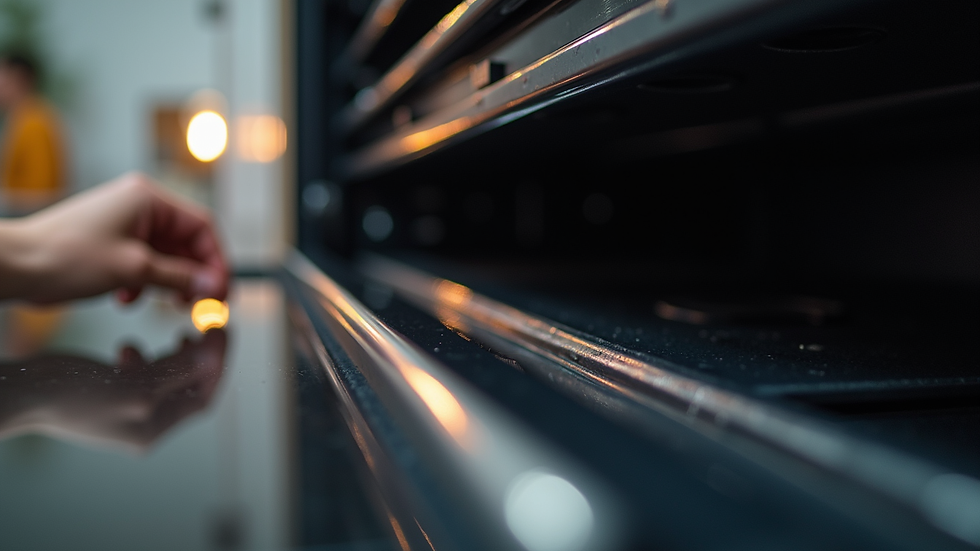Eye-level view of oven door seal being inspected