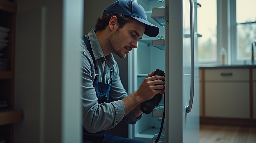 Eye-level view of a technician repairing a refrigerator compressor in a home kitchen