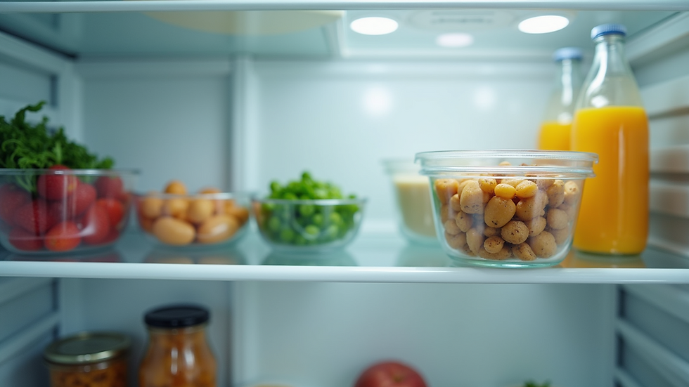 Close-up view of a clean refrigerator shelf with organized food items