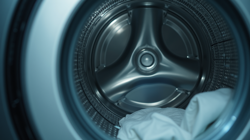 Eye-level view of washing machine drum spinning inside the appliance