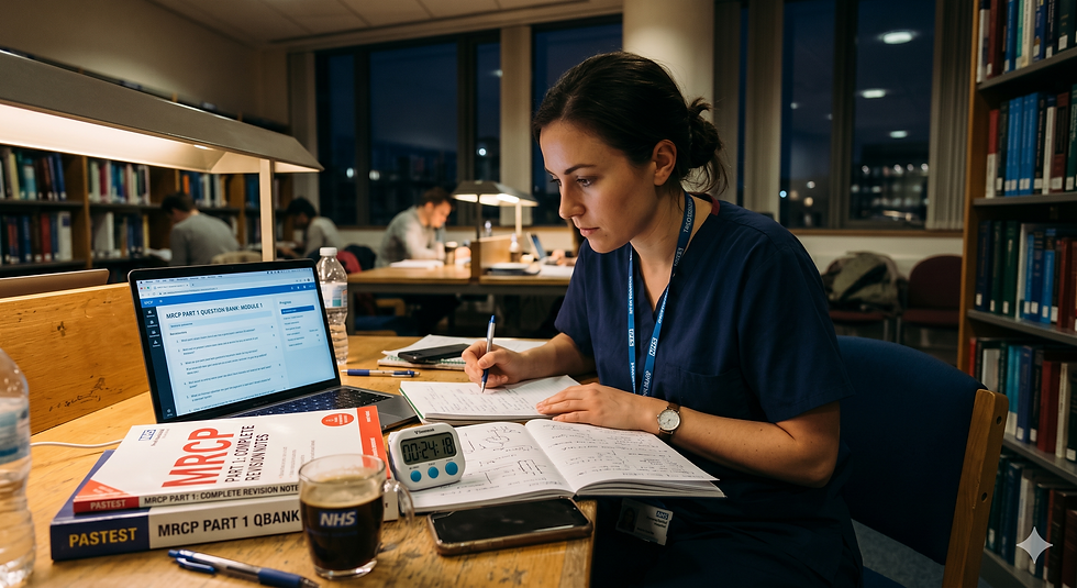Doctor preparing for MRCP Part 1 mock tests and connective tissue disorder revision.