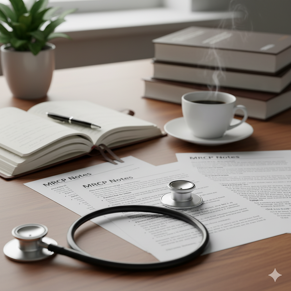 Flat lay of MRCP study materials and stethoscope on a desk symbolising MRCP exam preparation.