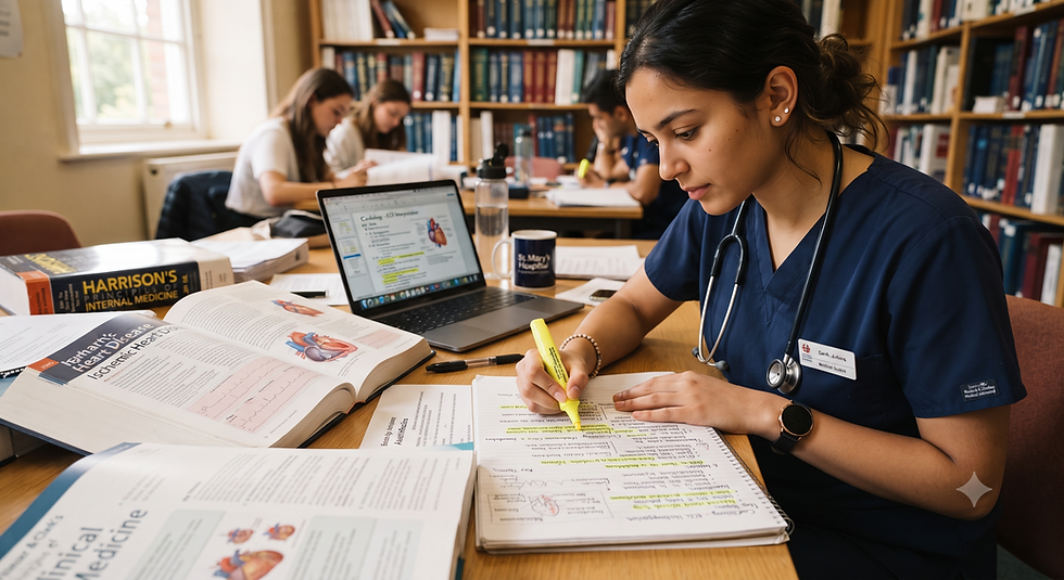 Medical trainee reviewing high-yield system-based topics for MRCP Part 1 mock examination preparation.