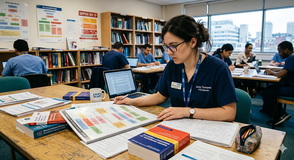 Doctor revising obstetric emergency algorithms for MRCP Part 1 examination preparation.