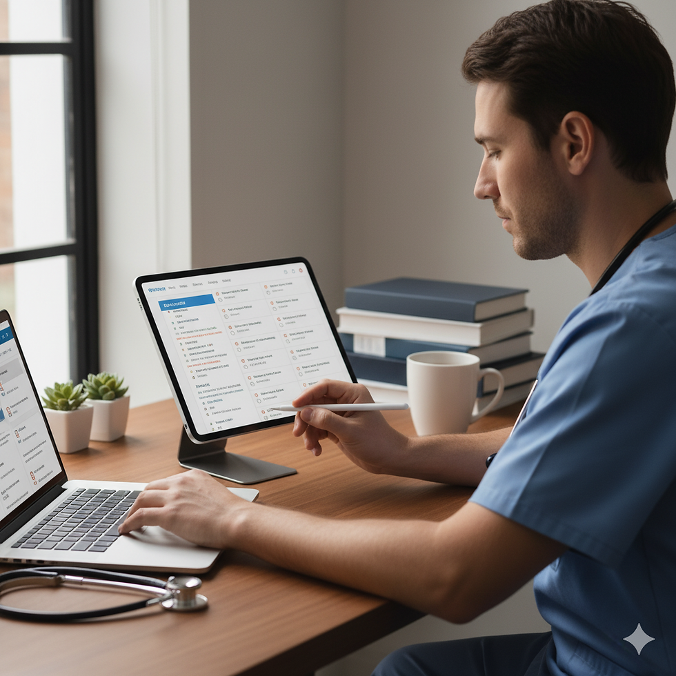 Doctor practising MRCP Part 1 Gastroenterology MCQs on a laptop with study notes and coffee mug.