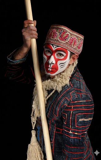 Portrait de Sun Wukong, personnage mythologique chinois, tenant son bâton magique utilisé pour les acrobaties