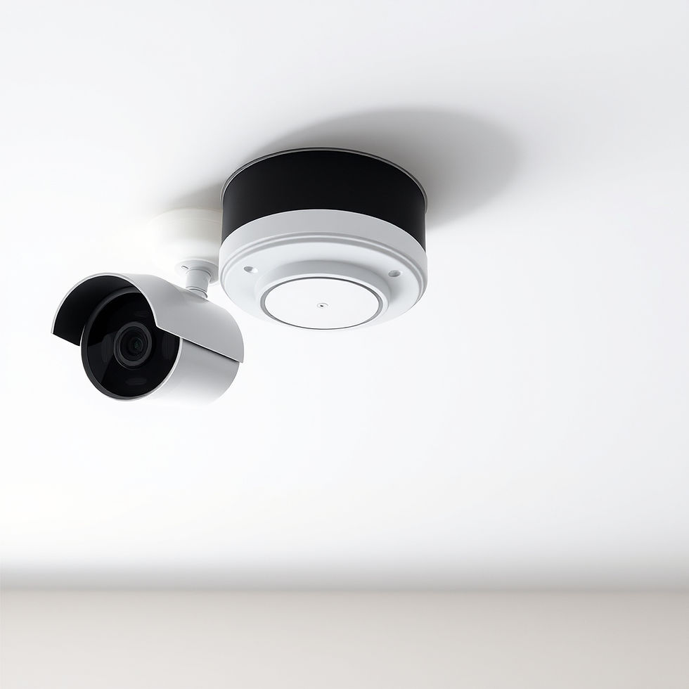 generate image of surveillance camera and smoke detector on white ceiling.jpg