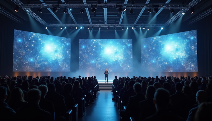 Eye-level view of a futuristic event stage with digital screens and a crowd