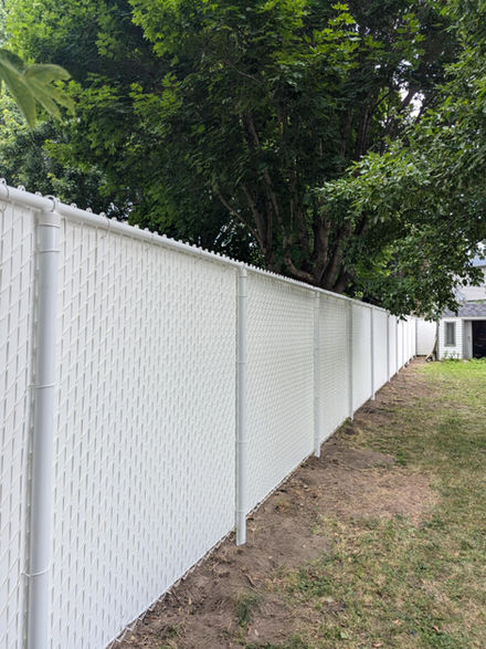 Clôture blanche en treillis métallique, bordant un jardin verdoyant, avec un arbre.