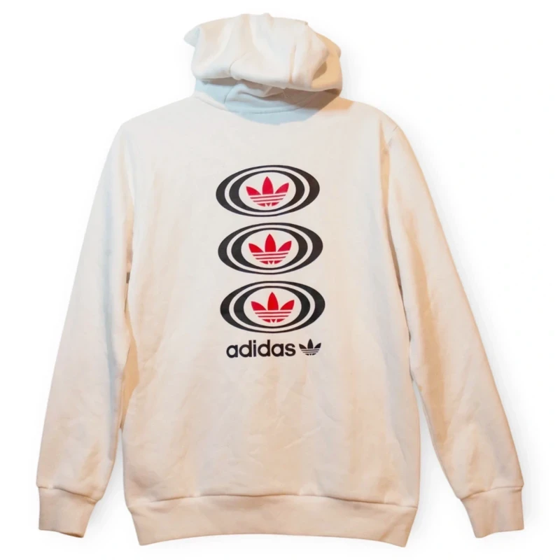 White Adidas Originals pullover hoodie with an embroidered Trefoil logo on the front and a large graphic of three stacked