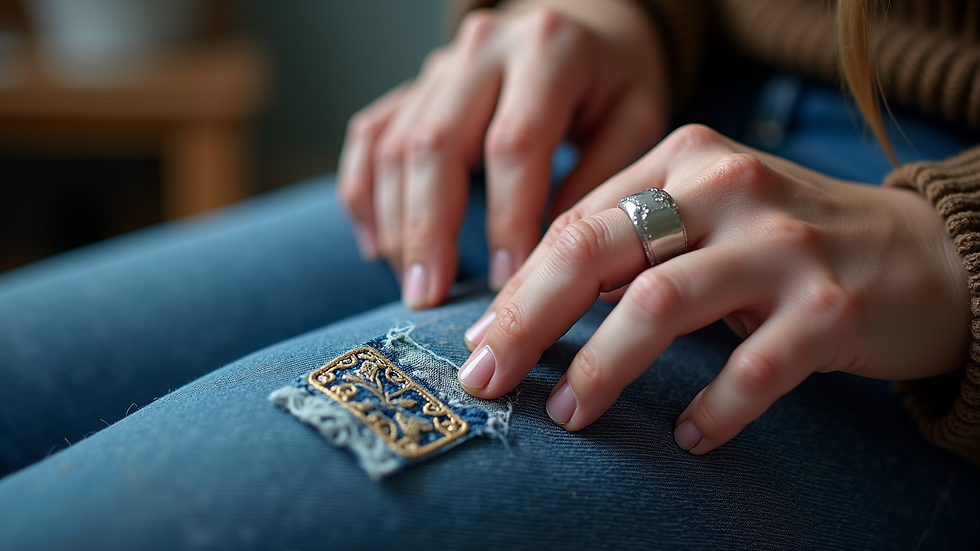Close-up of hands sewing a patch on denim jeans