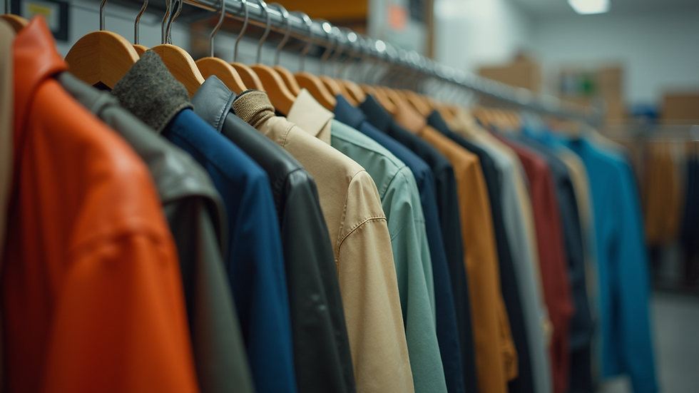 Eye-level view of a clothing rack filled with second-hand colourful jackets