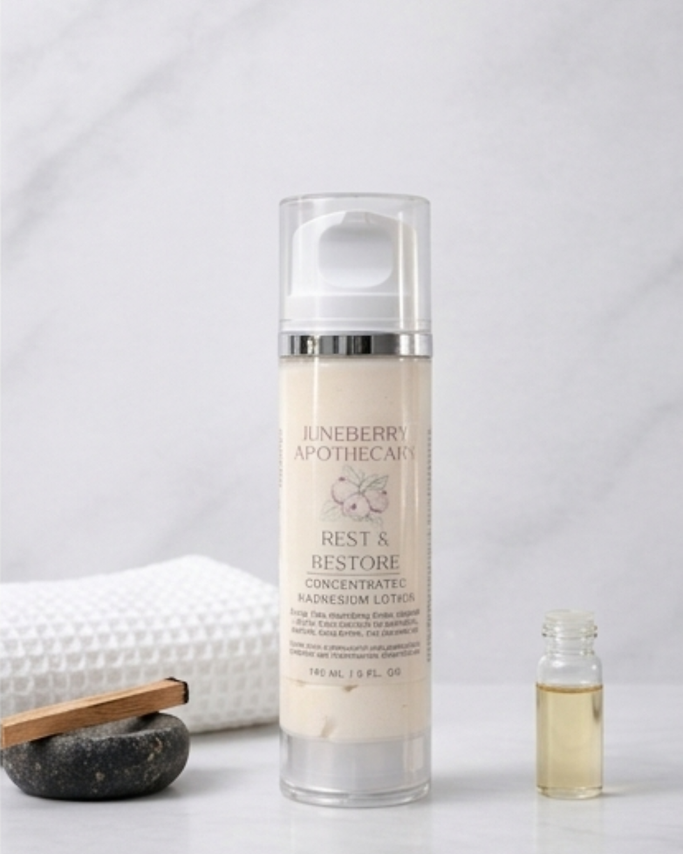 Juneberry Apothecary magnesium lotion bottle with a small vial of essential oils and a white waffle towel, highlighting the clean, botanical formula.
