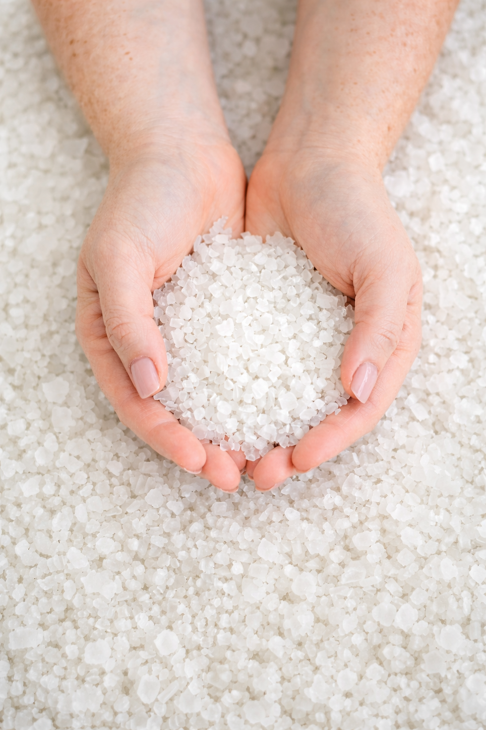 Magnesium flakes being held by the founder of Juneberry Apothecary