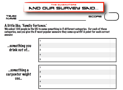 Family Fortunes Type Handout 9 Quizinators