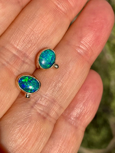 Thumbnail: 9K Gold Ancient Style Earrings with 2 carats Black Opal