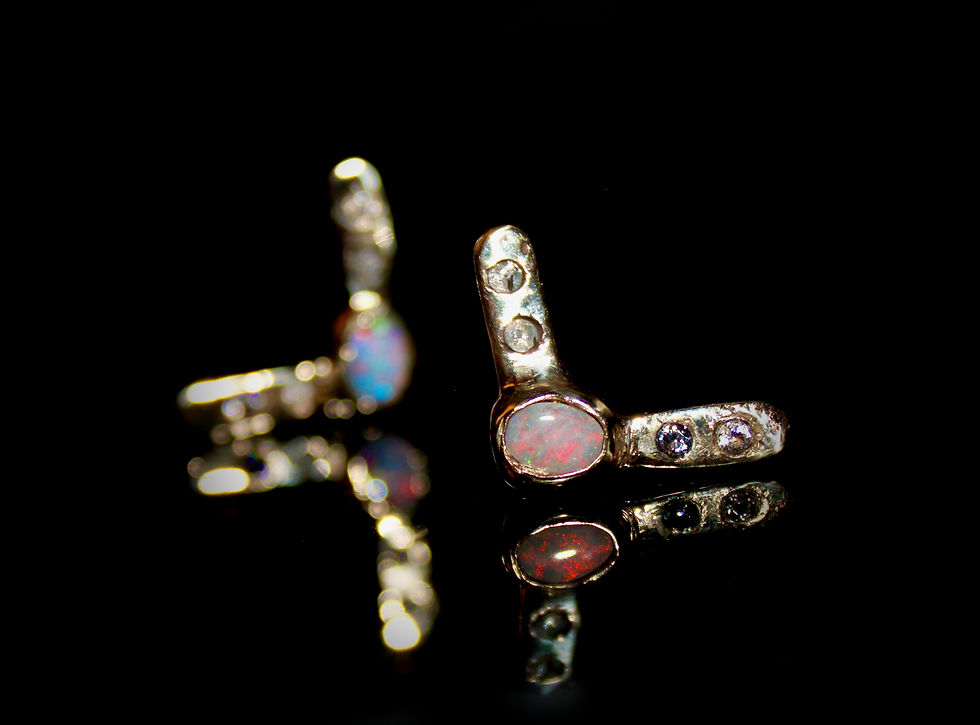 Thumbnail: 9K Ancient Chromosome Earrings w Black Opal