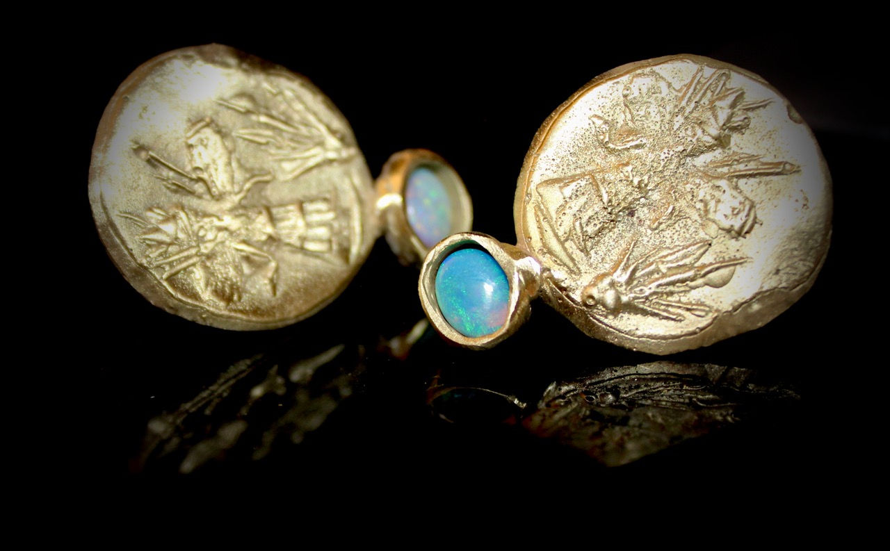 14K Ancient Style Gold Opal Earrings with 2 carats of Opal