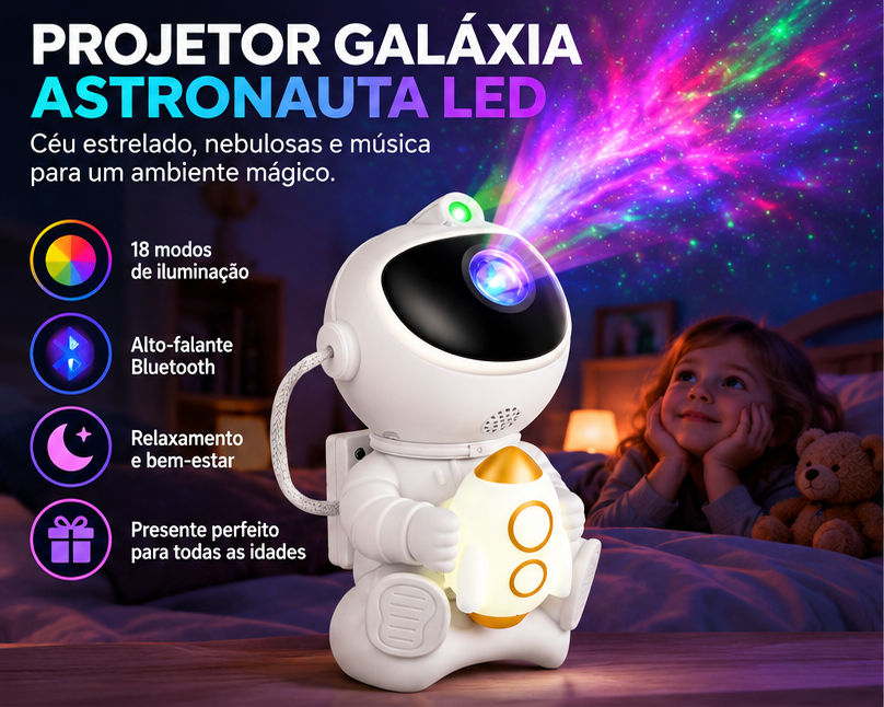 Miniatura: Projetor Galáxia Astronauta LED com Céu Estrelado, 18 Modos de Iluminação