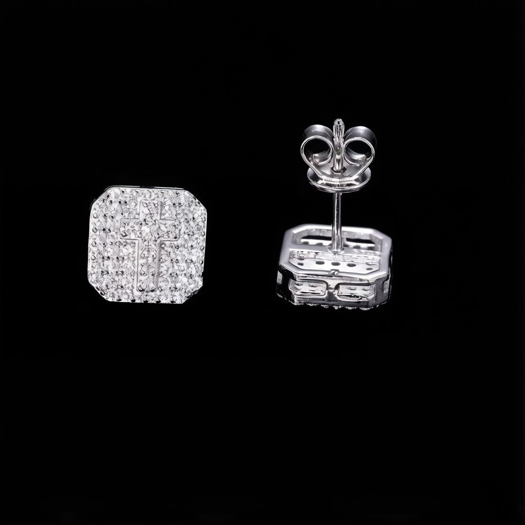 Square Cross Moissanite Stud Earrings color in white gold