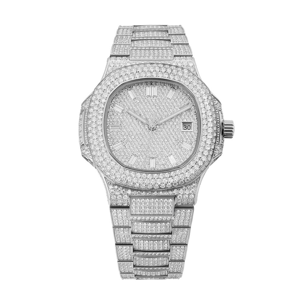 Iced Out Tonneau Moissanite Watch silver