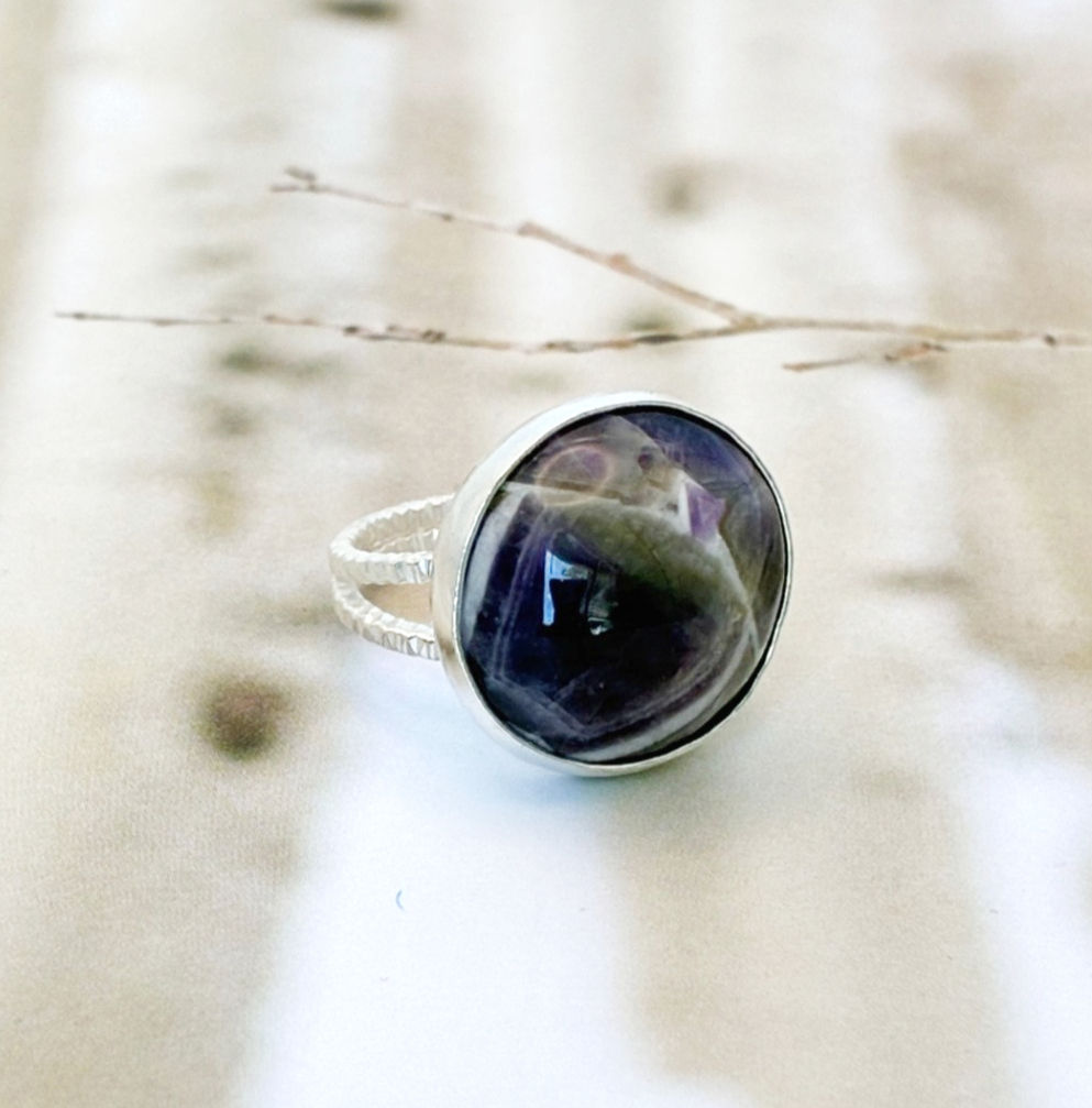 Chevron Amethyst Sparkle Silver Double Band Ring