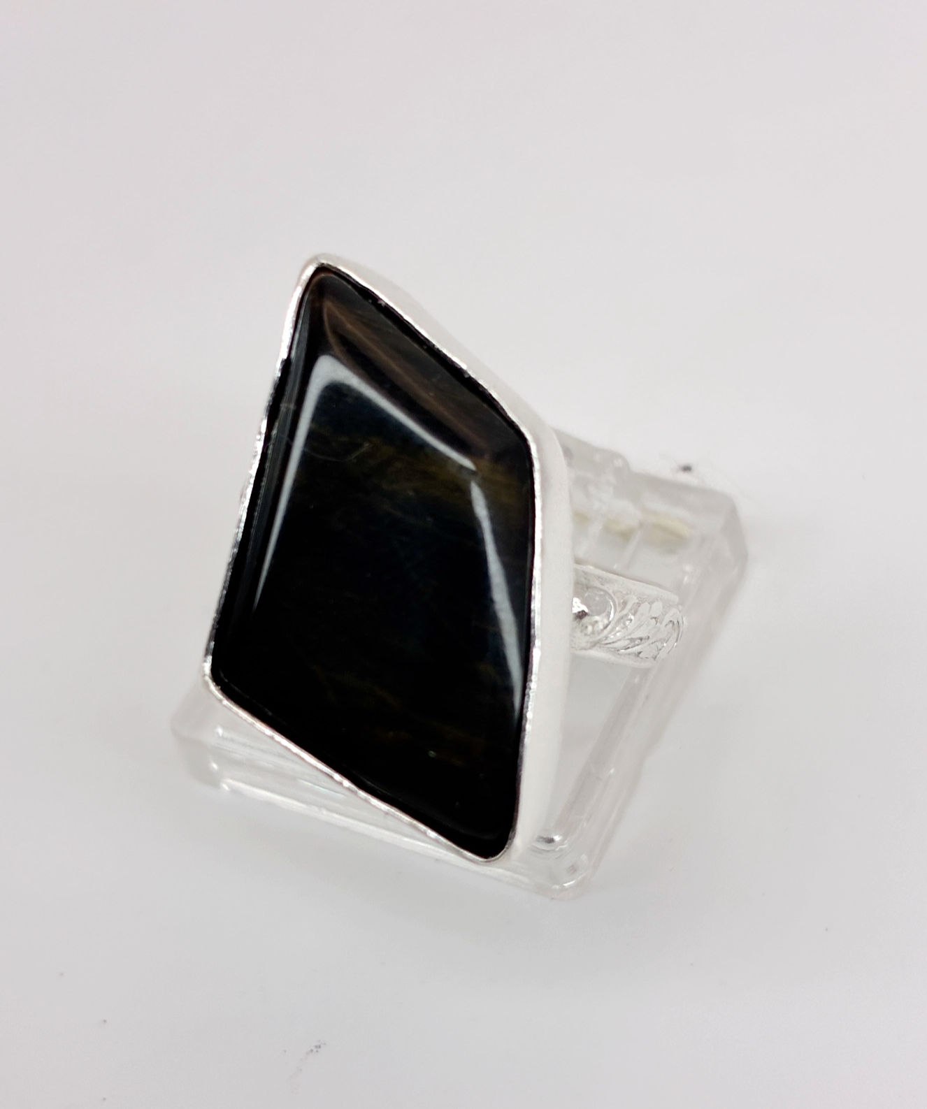 "Blue" Tiger's Eye and Patterned Band Silver Ring