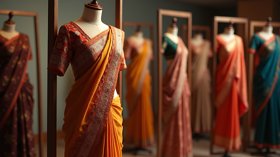 Eye-level view of a traditional saree displayed on a wooden stand