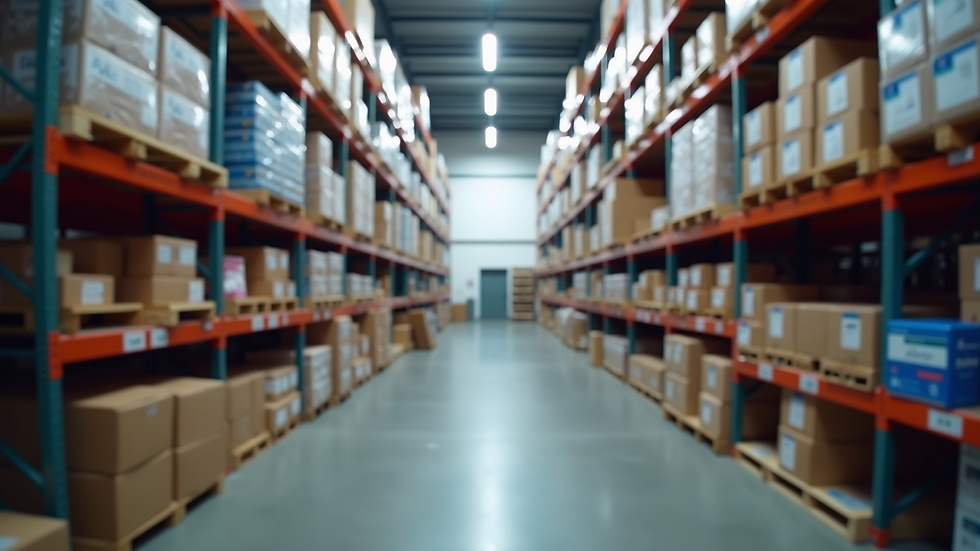 Eye-level view of a modern warehouse with shelves stocked with various products
