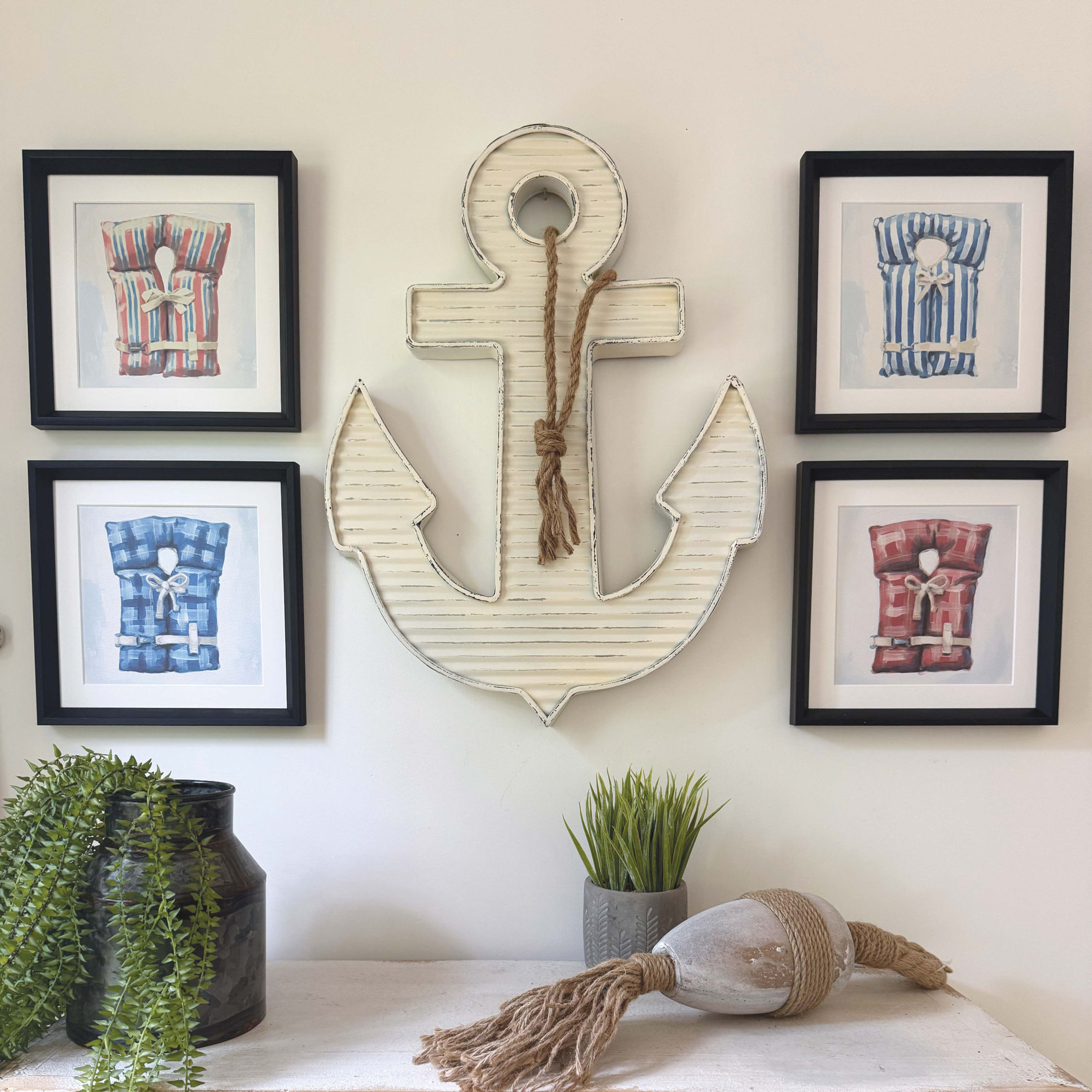 Vintage Nautical Gallery Wall Decor - Life Jacket Paintings & Metal Anchor