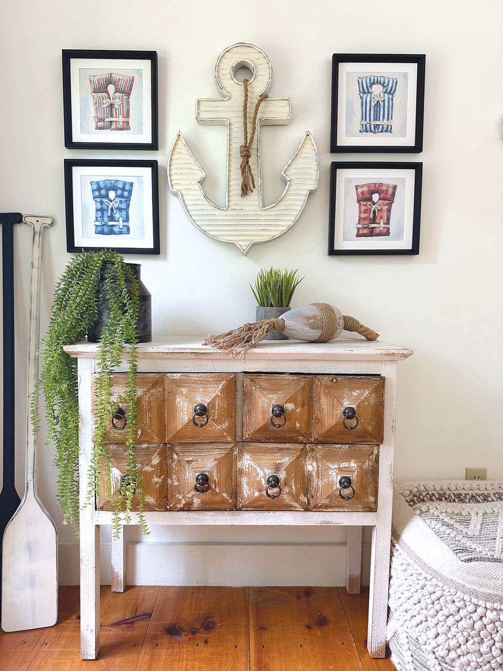 Thumbnail: Vintage Nautical Gallery Wall Decor - Life Jacket Paintings & Metal Anchor