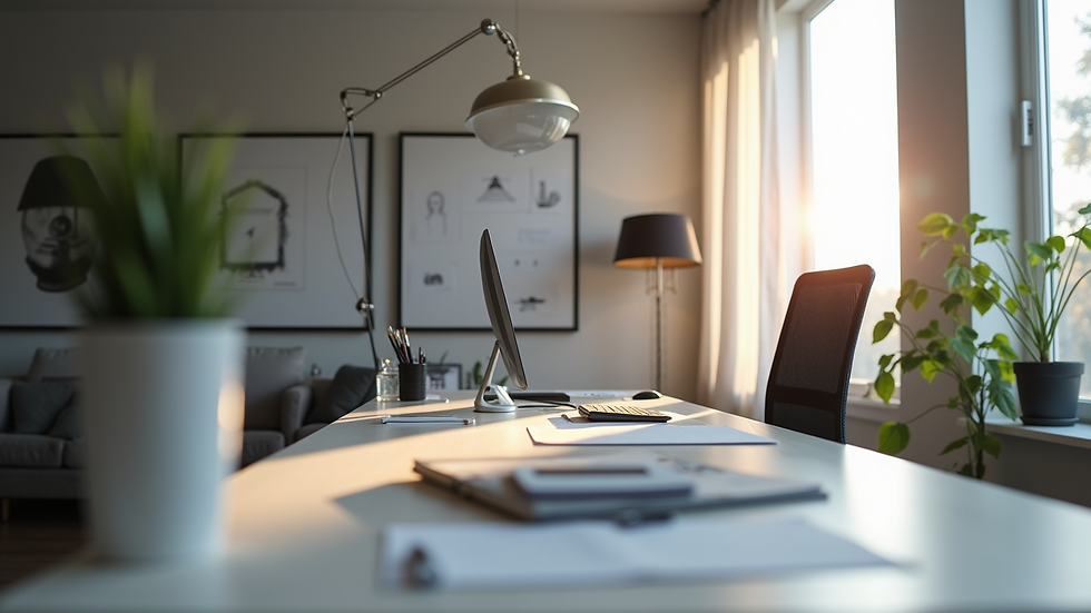 Eye-level view of a modern home office desk with ergonomic chair