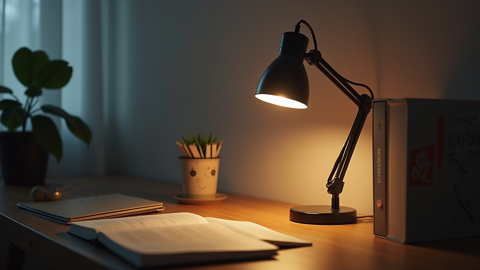 Close-up of a desk lamp illuminating a neat workspace
