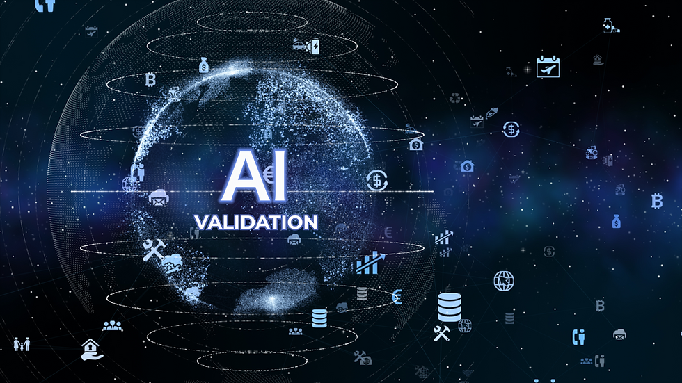 Visual representation of AI validation highlighting key concepts like testing, reliability, and trust.