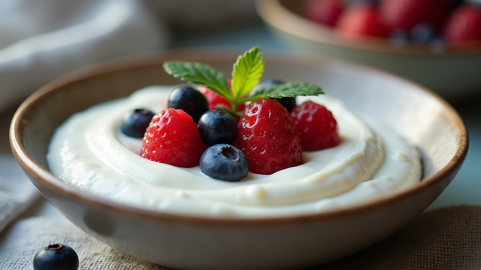 Close-up view of a bowl of Greek yoghurt topped with fresh berries