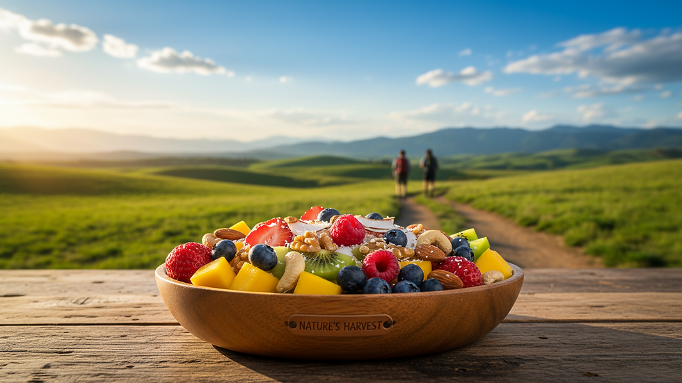 Close-up of a bowl of fresh fruit and nuts on a kitchen counter