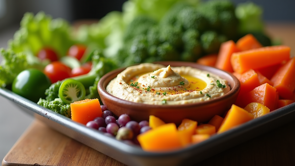 Eye-level view of a container filled with chopped colourful vegetables and hummus dip